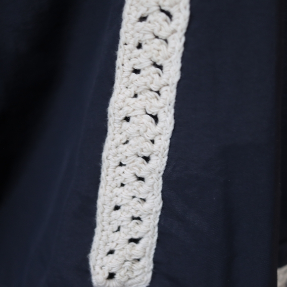 Free People Navy Blue Crochet Trim Zip Front Cropped Bomber Jacket Medium - Picture 8 of 16